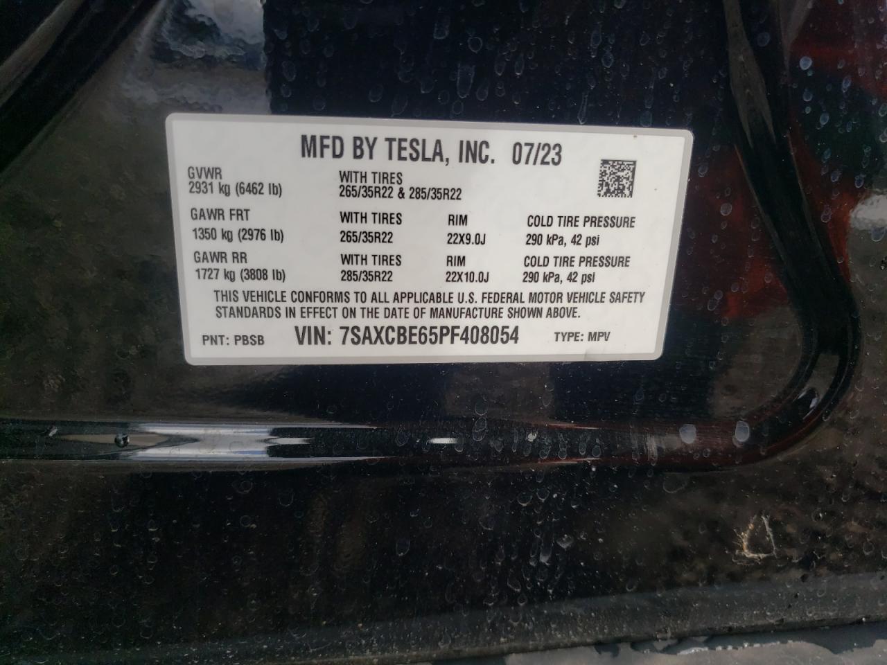 2023 TESLA MODEL X  VIN:7SAXCBE65PF408054