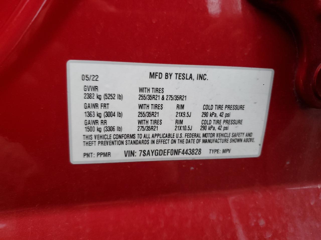 2022 TESLA MODEL Y  VIN:7SAYGDEF0NF443828