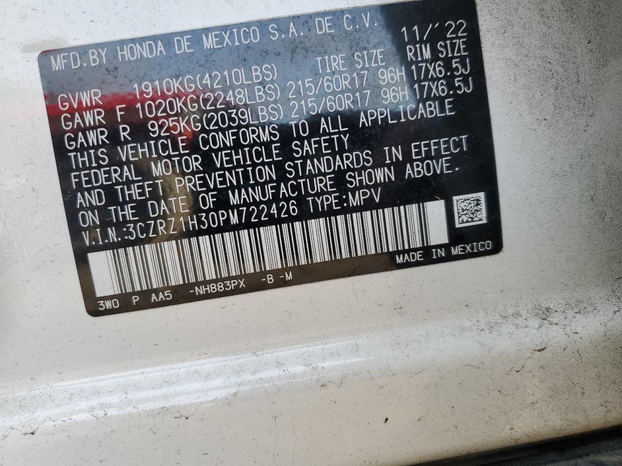 2023 HONDA HR-V LX VIN:3CZRZ1H30PM722426