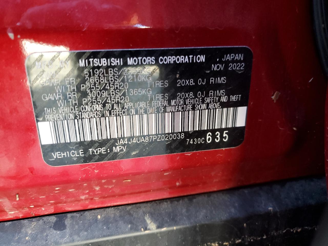 2023 MITSUBISHI OUTLANDER SE VIN:JA4J4UA87PZ020038