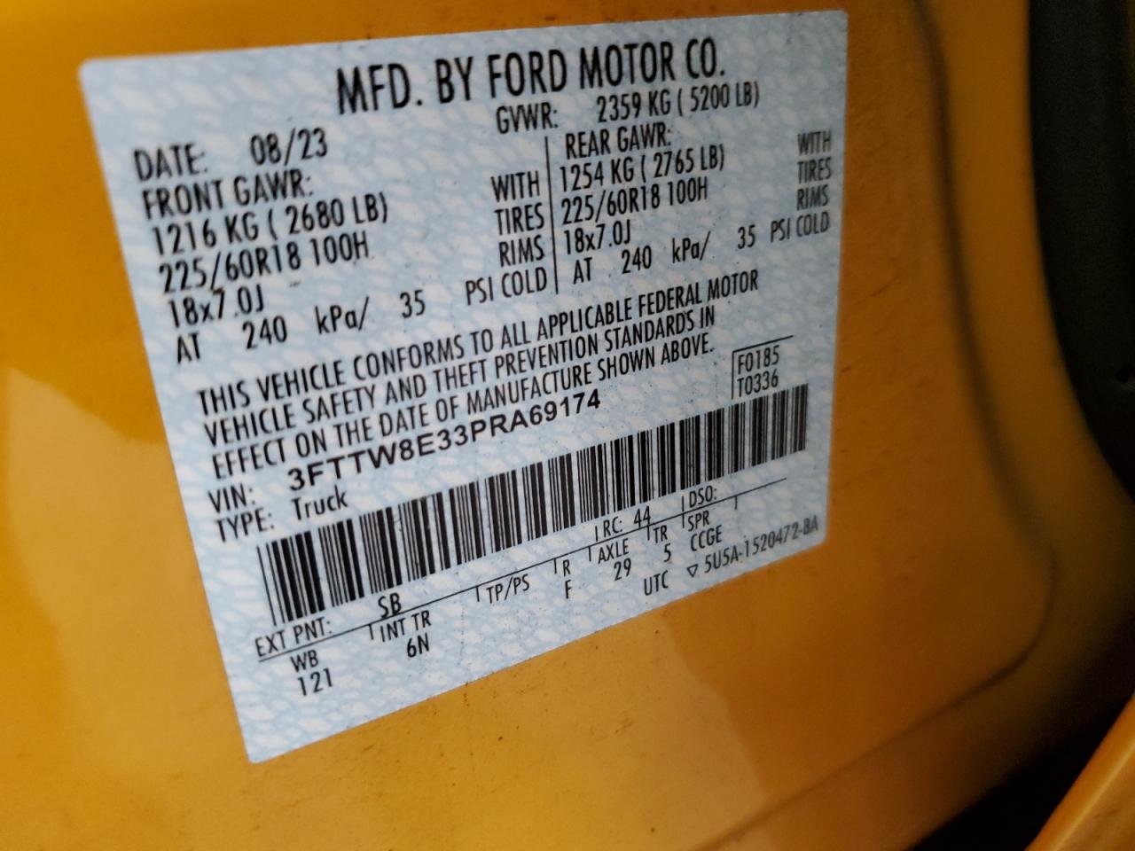 2023 FORD MAVERICK XL VIN:3FTTW8E33PRA69174