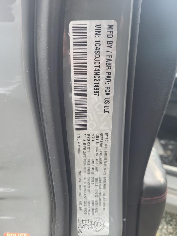 2022 DODGE DURANGO R/T VIN:1C4SDJCT4NC214987