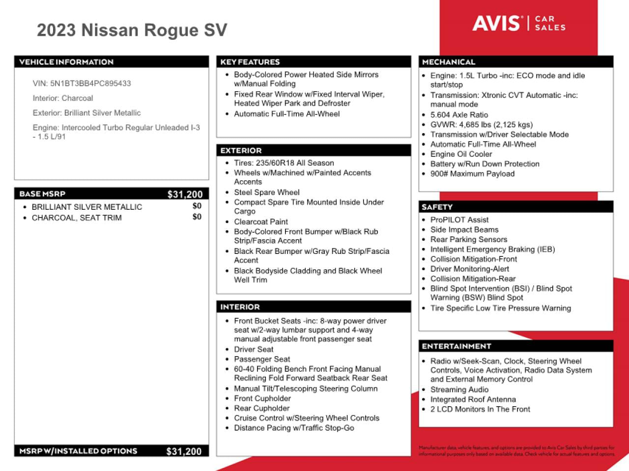 2023 NISSAN ROGUE SV VIN:5N1BT3BB4PC895433