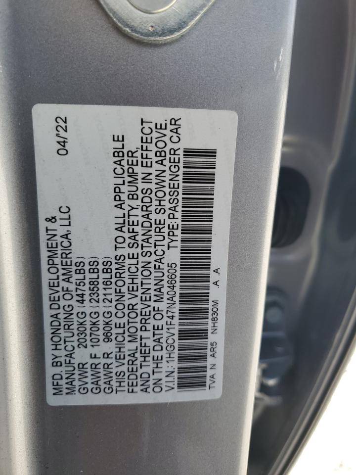 2022 HONDA ACCORD SPORT SE VIN:1HGCV1F47NA046605