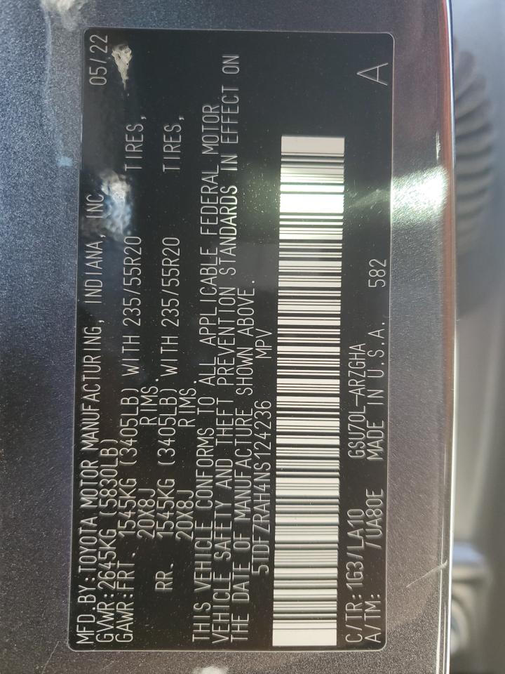 2022 TOYOTA HIGHLANDER PLATINUM VIN:5TDFZRAH4NS124236
