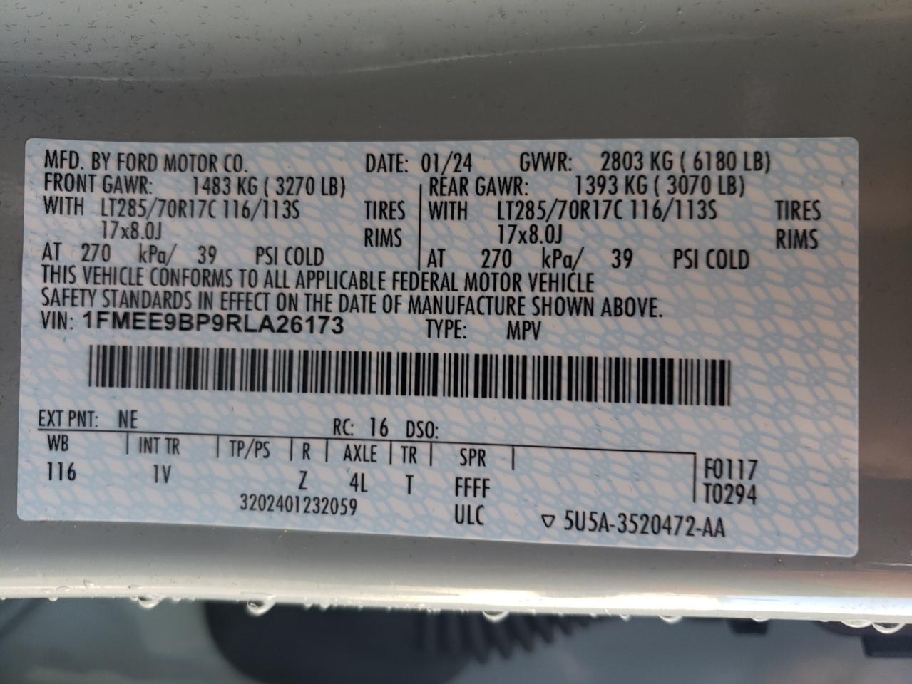 2024 FORD BRONCO BADLANDS VIN:1FMEE9BP9RLA26173