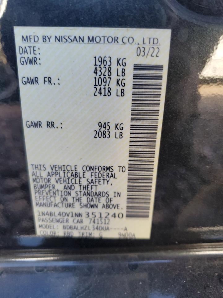 2022 NISSAN ALTIMA SV VIN:1N4BL4DV1NN351240