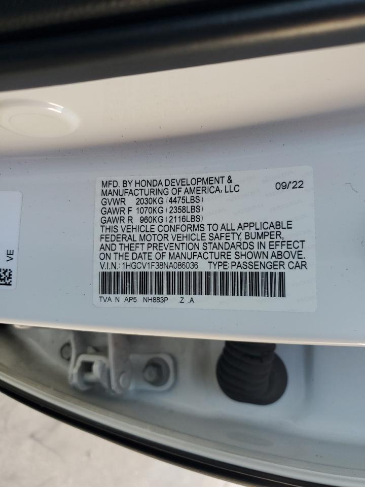 2022 HONDA ACCORD SPORT VIN:1HGCV1F38NA086036