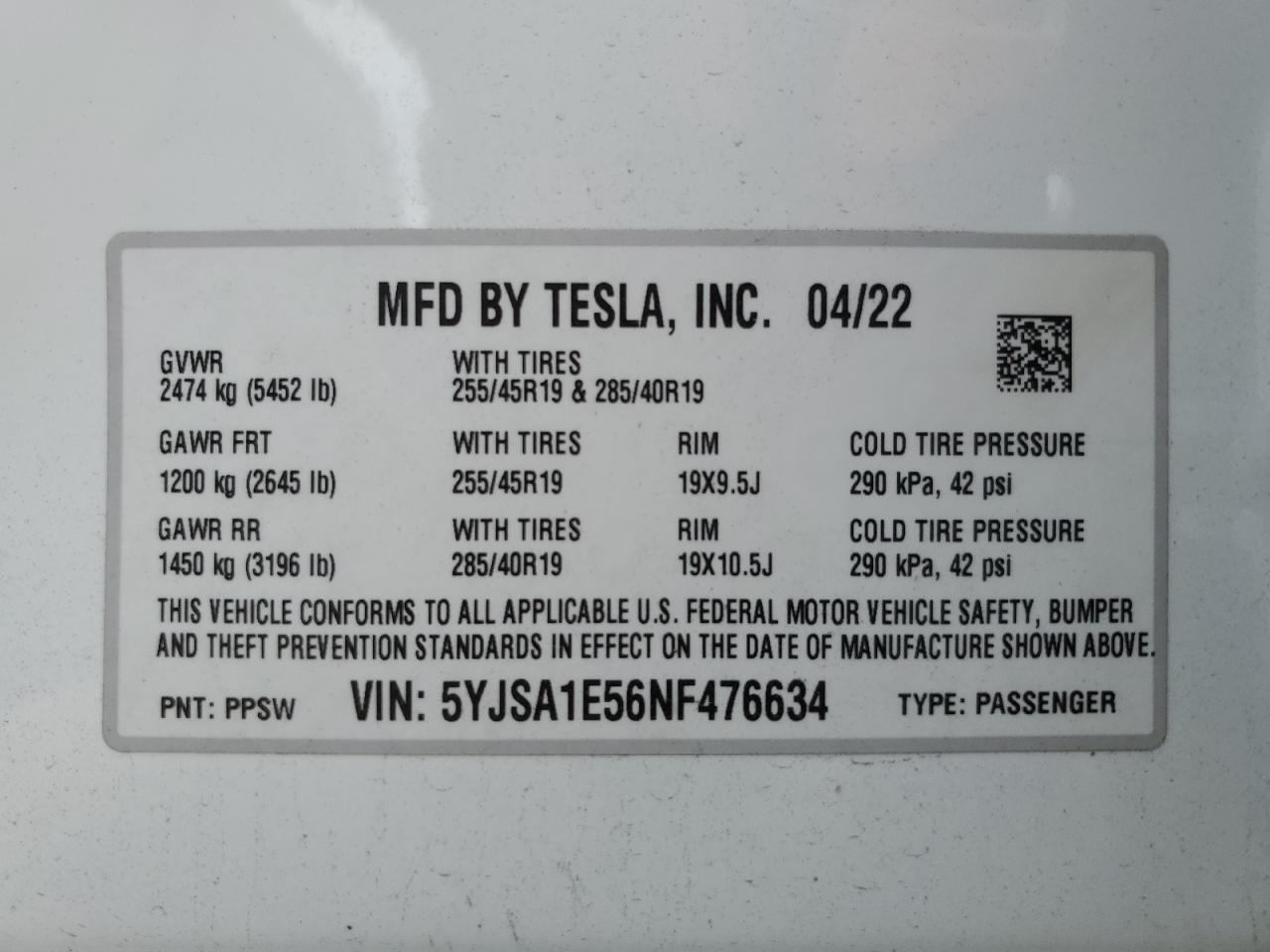 2022 TESLA MODEL S  VIN:5YJSA1E56NF476634