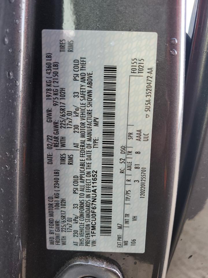 2022 FORD ESCAPE S VIN:1FMCU0F67NUA11652