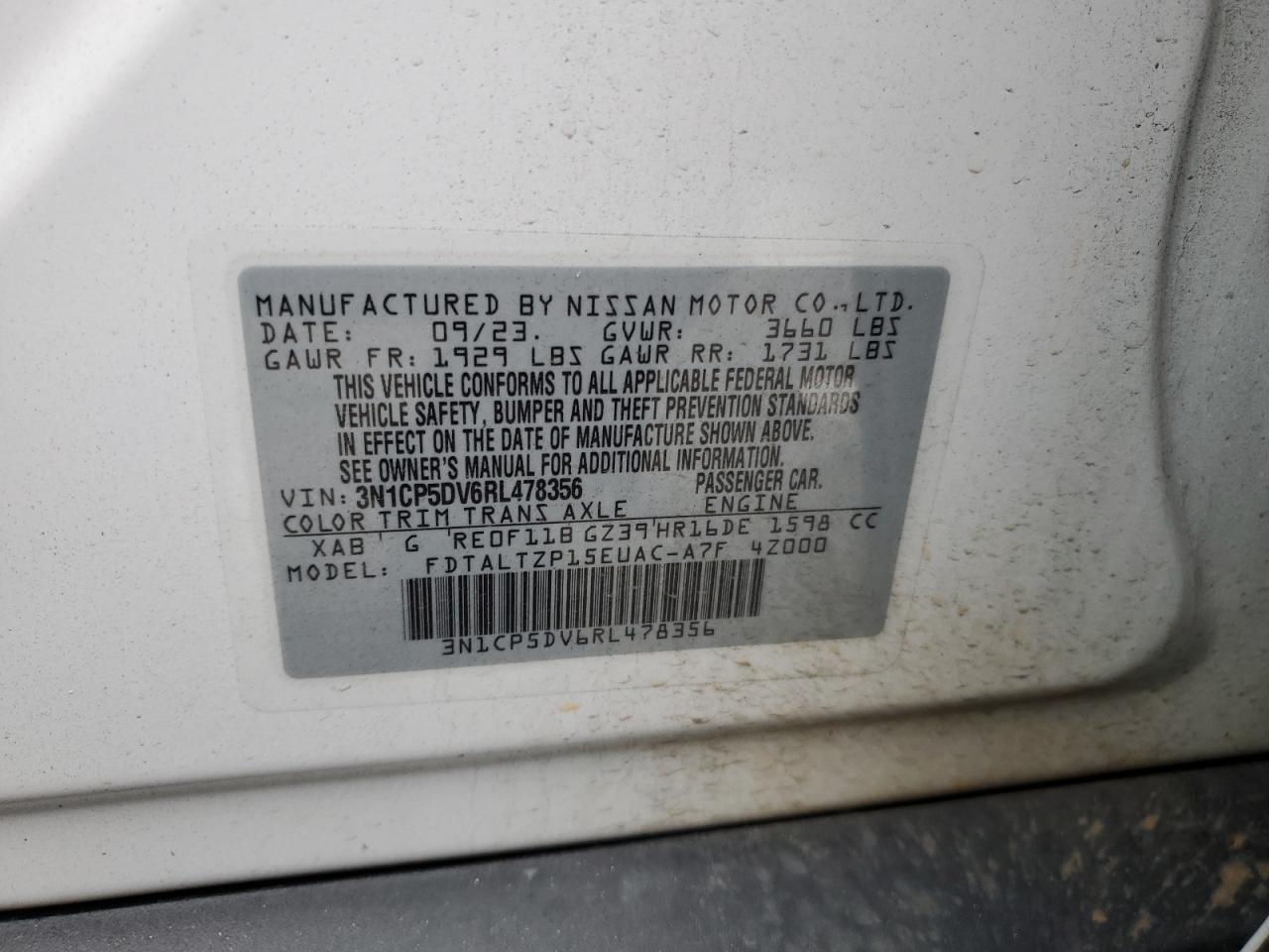 2024 NISSAN KICKS SR VIN:3N1CP5DV6RL478356