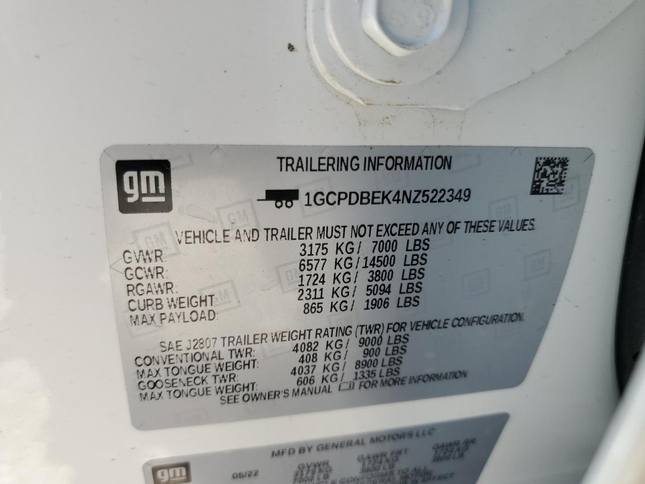 2022 CHEVROLET SILVERADO K1500 CUSTOM VIN:1GCPDBEK4NZ522349