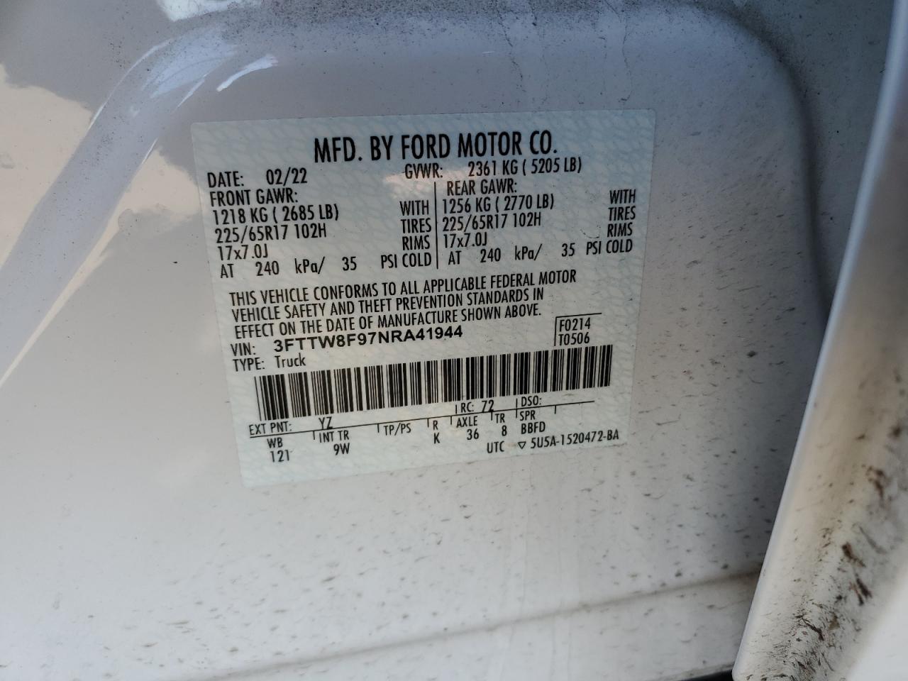 2022 FORD MAVERICK XL VIN:3FTTW8F97NRA41944