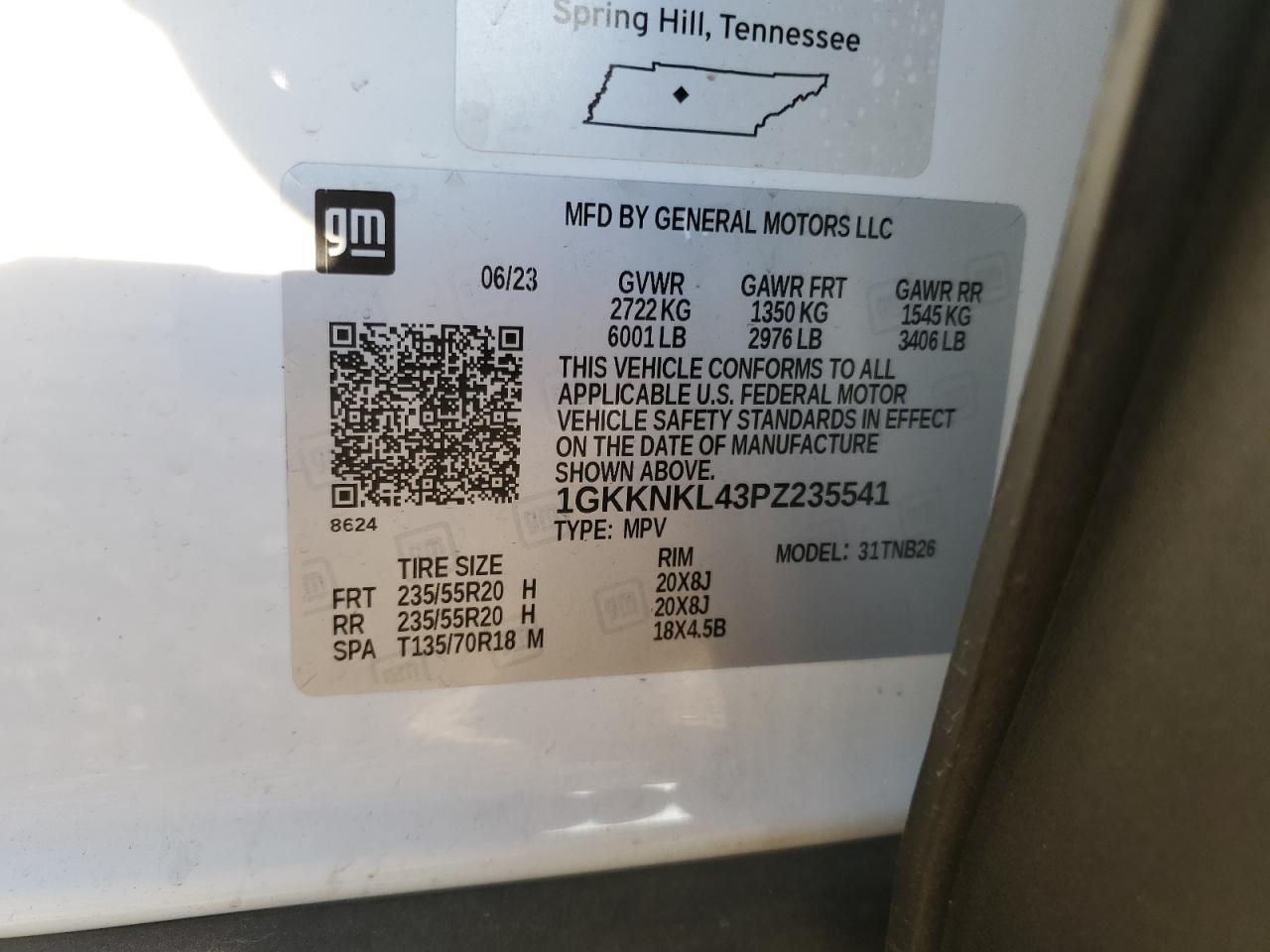 2023 GMC ACADIA SLE VIN:1GKKNKL43PZ235541