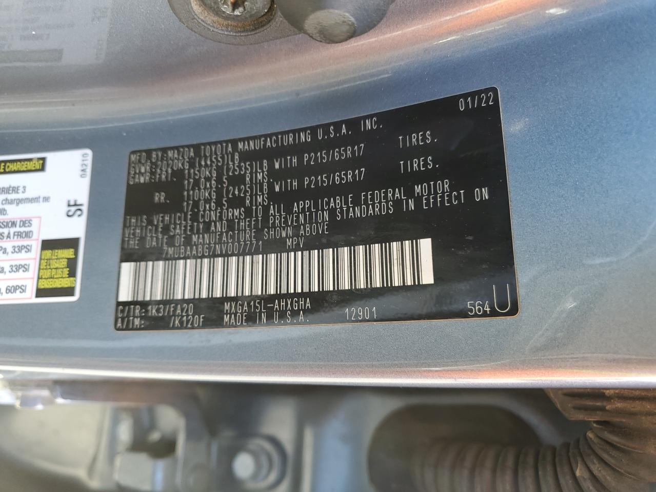 2022 TOYOTA COROLLA CROSS LE VIN:7MUBAABG7NV007771