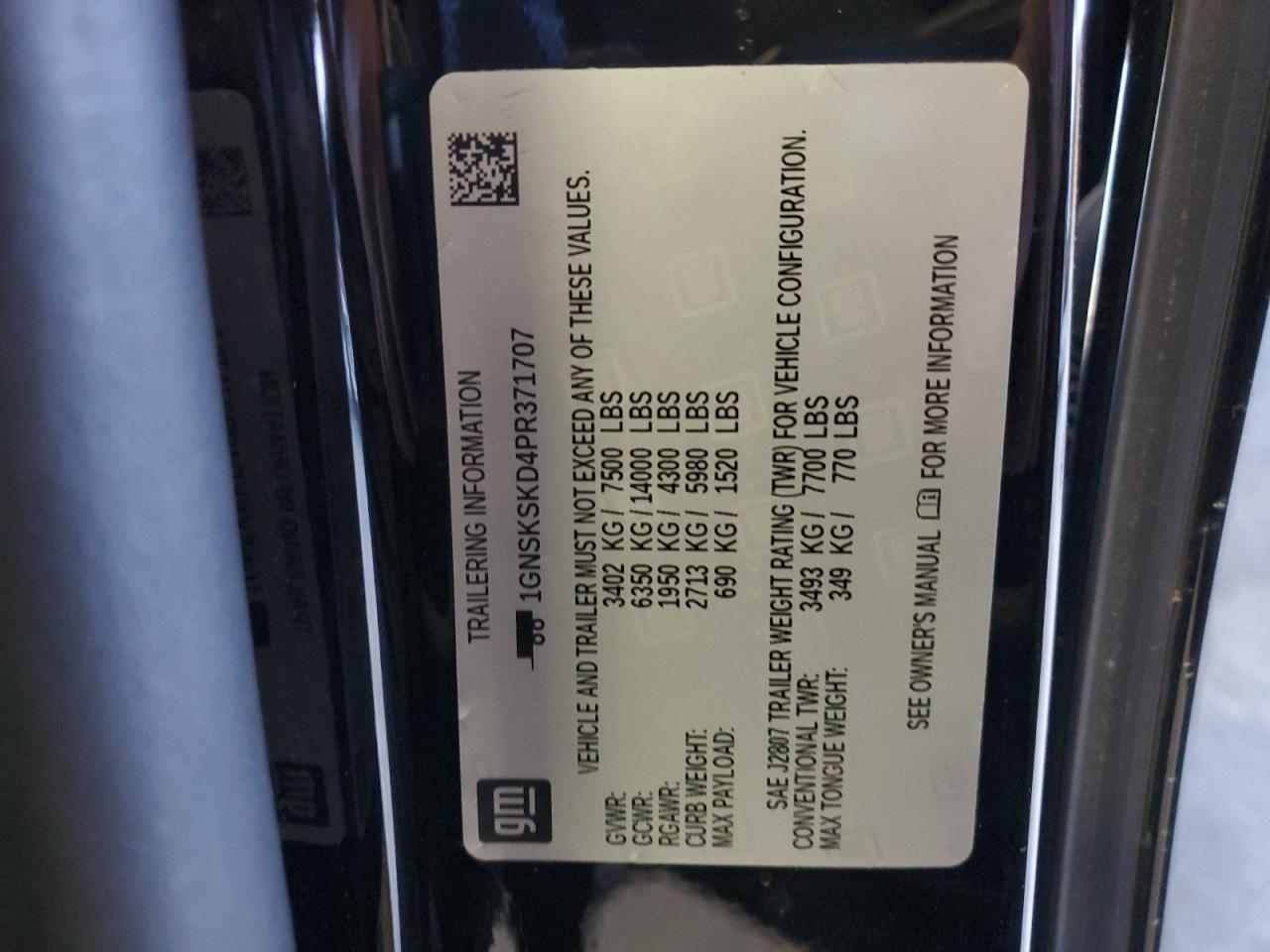 2023 CHEVROLET TAHOE K1500 PREMIER VIN:1GNSKSKD4PR371707