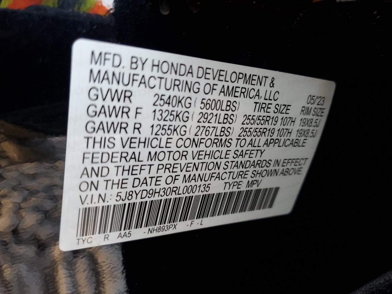 2024 ACURA MDX  VIN:5J8YD9H30RL000135