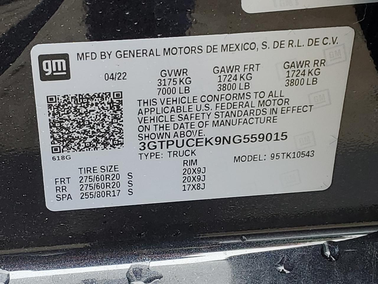 2022 GMC SIERRA K1500 ELEVATION VIN:3GTPUCEK9NG559015