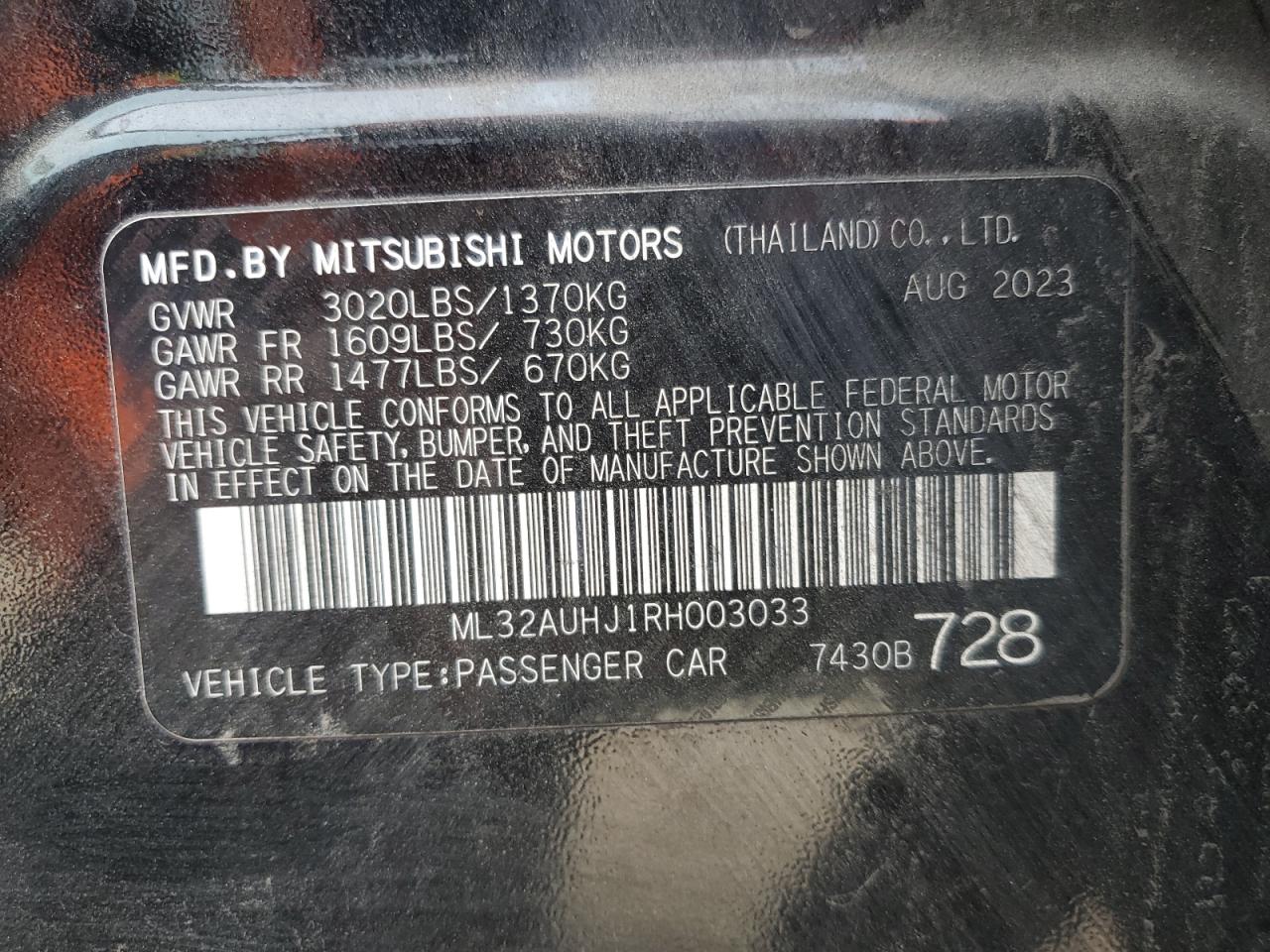 2024 MITSUBISHI MIRAGE ES VIN:ML32AUHJ1RH003033