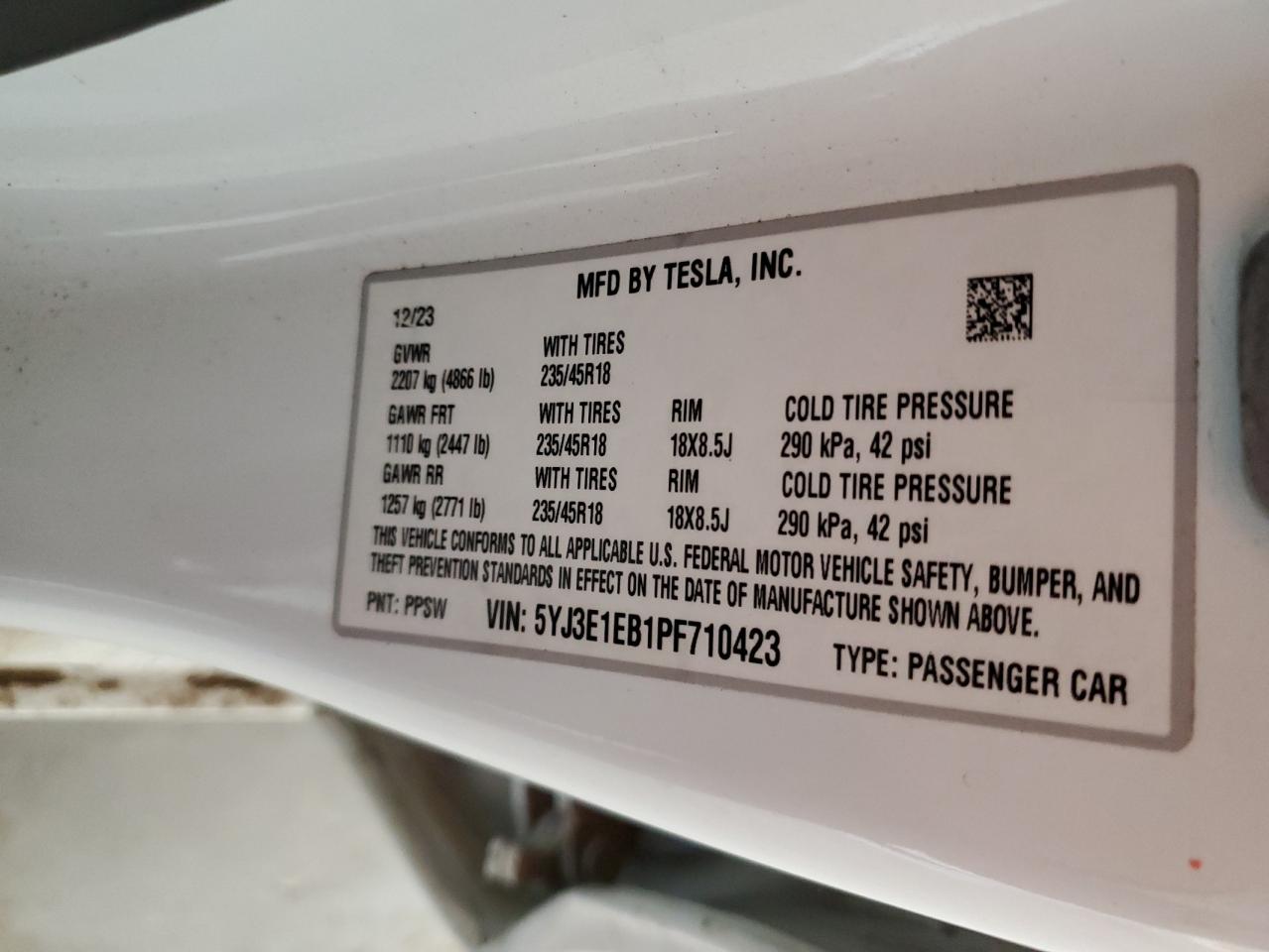 2023 TESLA MODEL 3  VIN:5YJ3E1EB1PF710423