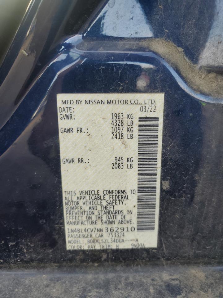2022 NISSAN ALTIMA SR VIN:1N4BL4CV7NN362910
