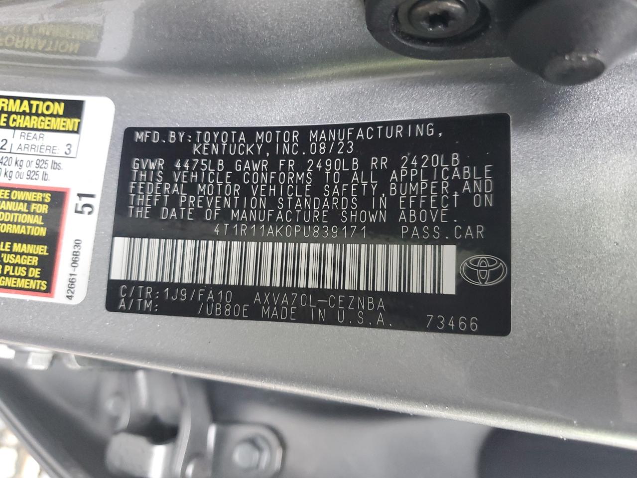 2023 TOYOTA CAMRY LE VIN:4T1R11AK0PU839171
