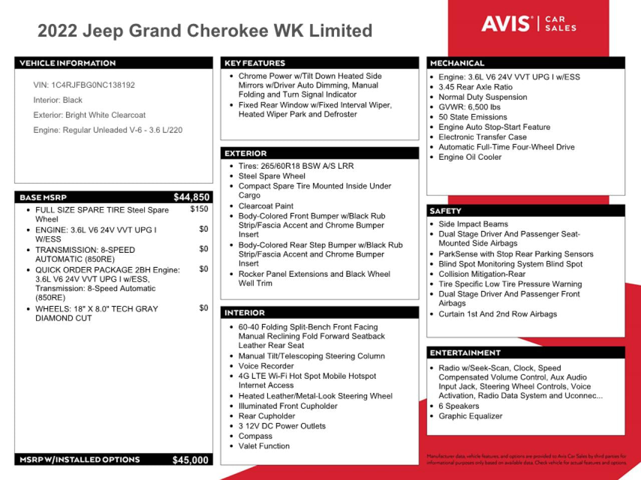 2022 JEEP GRAND CHEROKEE LIMITED VIN:1C4RJFBG0NC138192