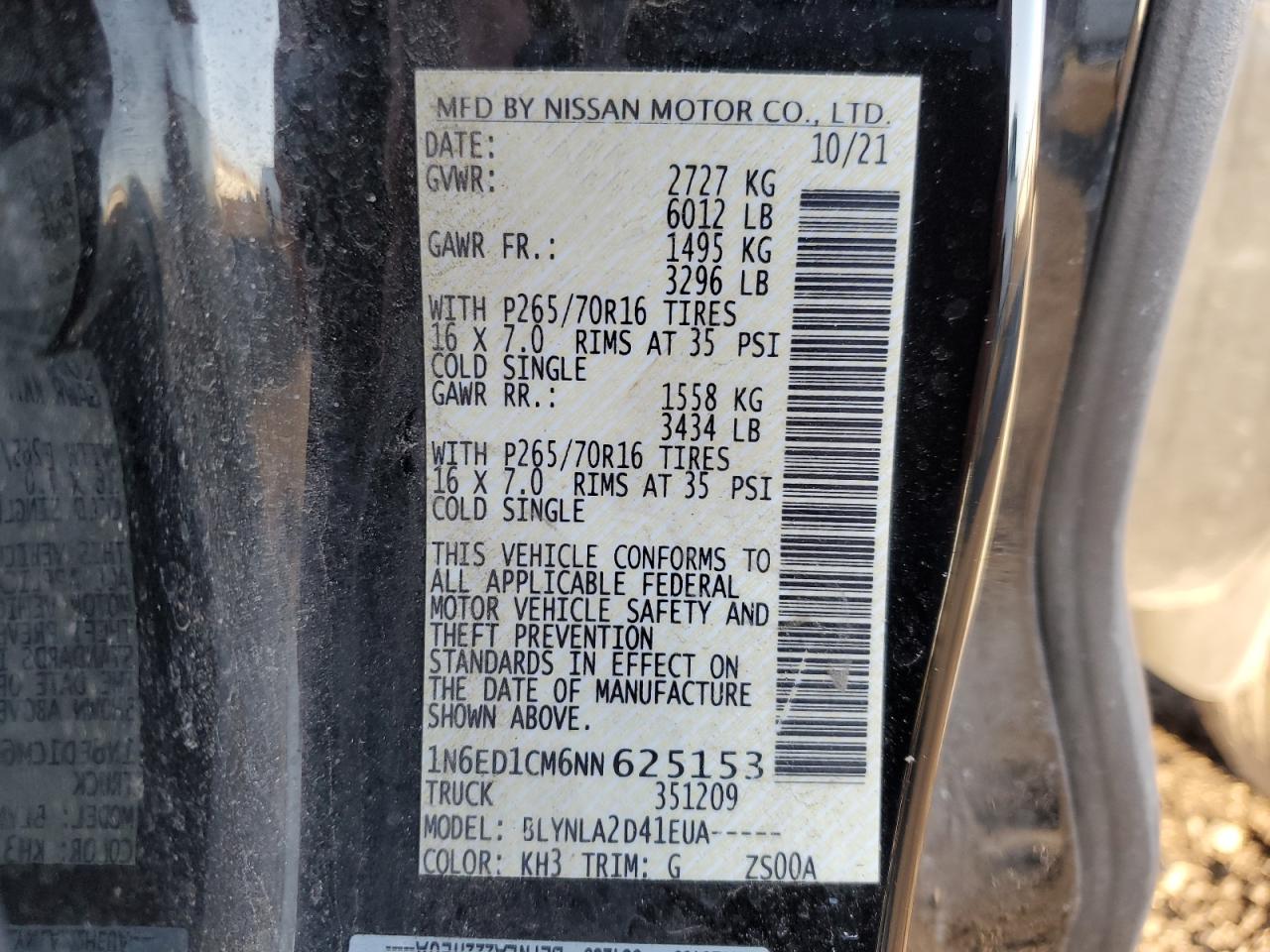 2022 NISSAN FRONTIER S VIN:1N6ED1CM6NN625153