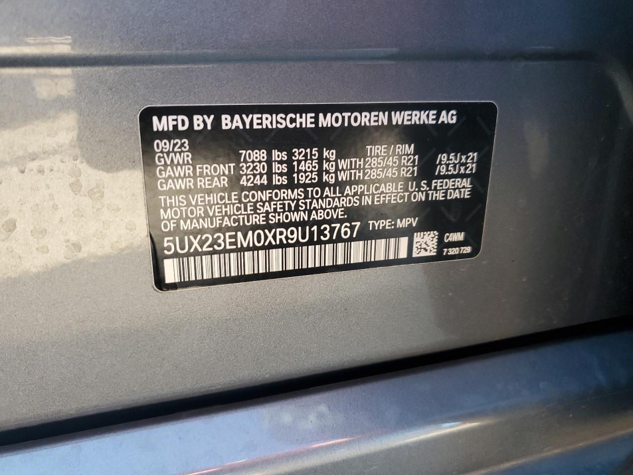 2024 BMW X7 XDRIVE40I VIN:5UX23EM0XR9U13767