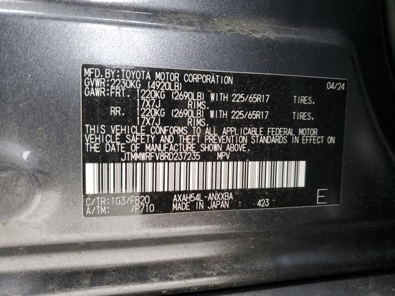 2024 TOYOTA RAV4 LE VIN:JTMMWRFV8RD237235