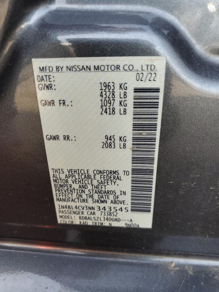 2022 NISSAN ALTIMA SR VIN:1N4BL4CV3NN343545