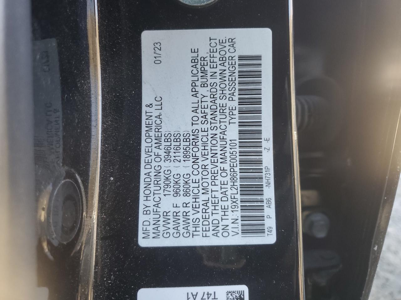 2023 HONDA CIVIC SPORT VIN:19XFL2H86PE005101