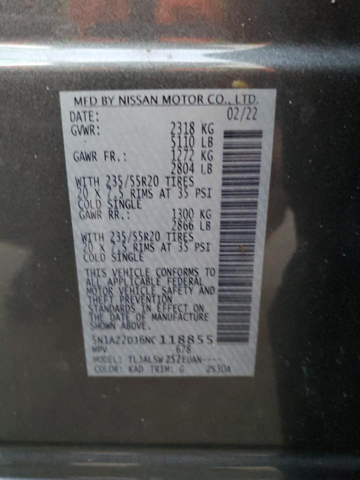2022 NISSAN MURANO PLATINUM VIN:5N1AZ2DJ6NC118855