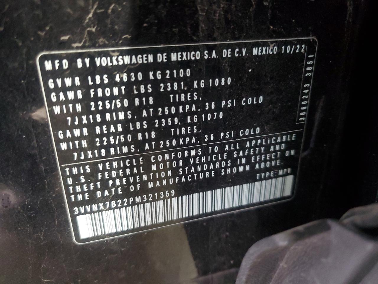 2023 VOLKSWAGEN TAOS SE VIN:3VVNX7B22PM321359