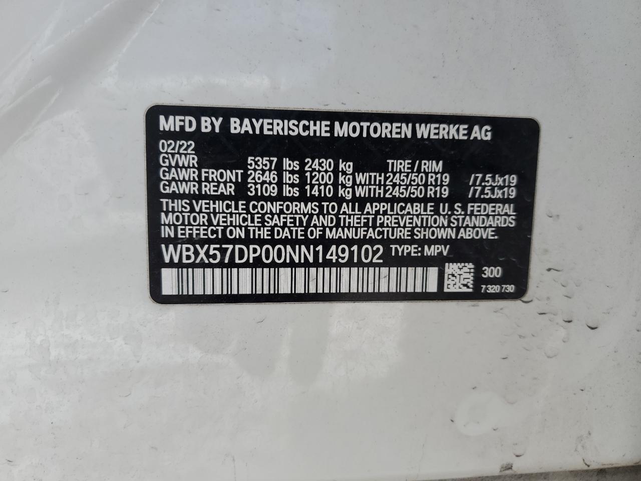 2022 BMW X3 XDRIVE30I VIN:WBX57DP00NN149102
