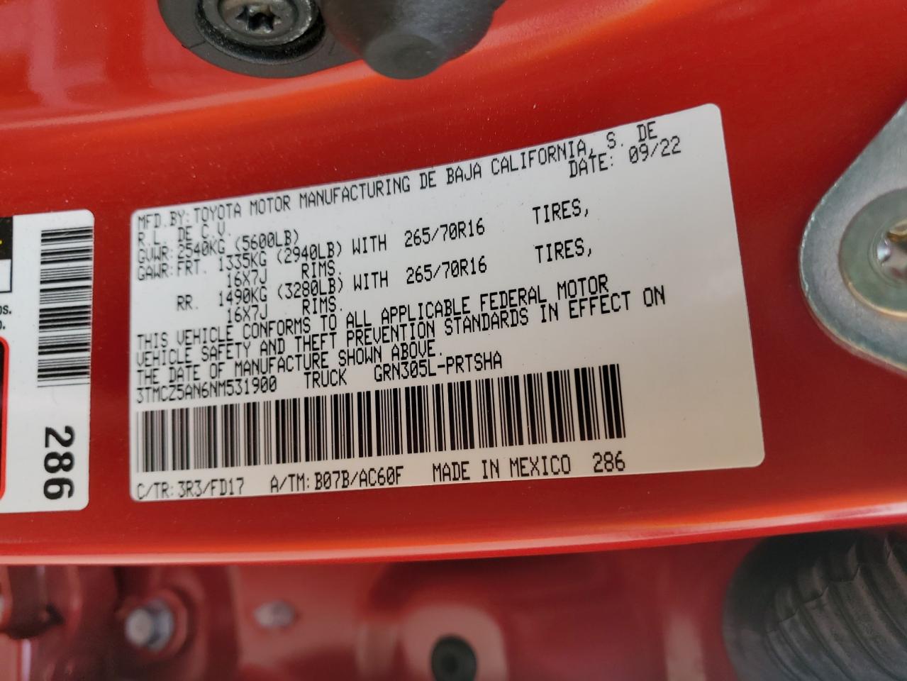 2022 TOYOTA TACOMA DOUBLE CAB VIN:3TMCZ5AN6NM531900