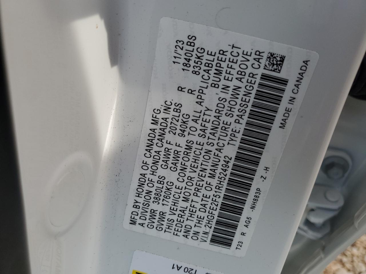 2024 HONDA CIVIC SPORT VIN:2HGFE2F51RH524942