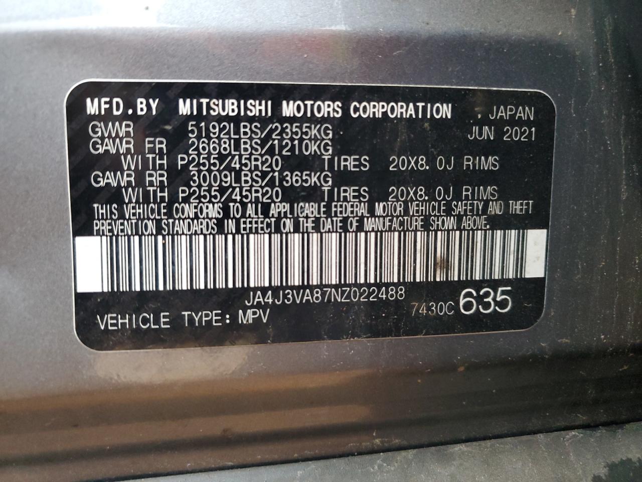 2022 MITSUBISHI OUTLANDER SEL VIN:JA4J3VA87NZ022488