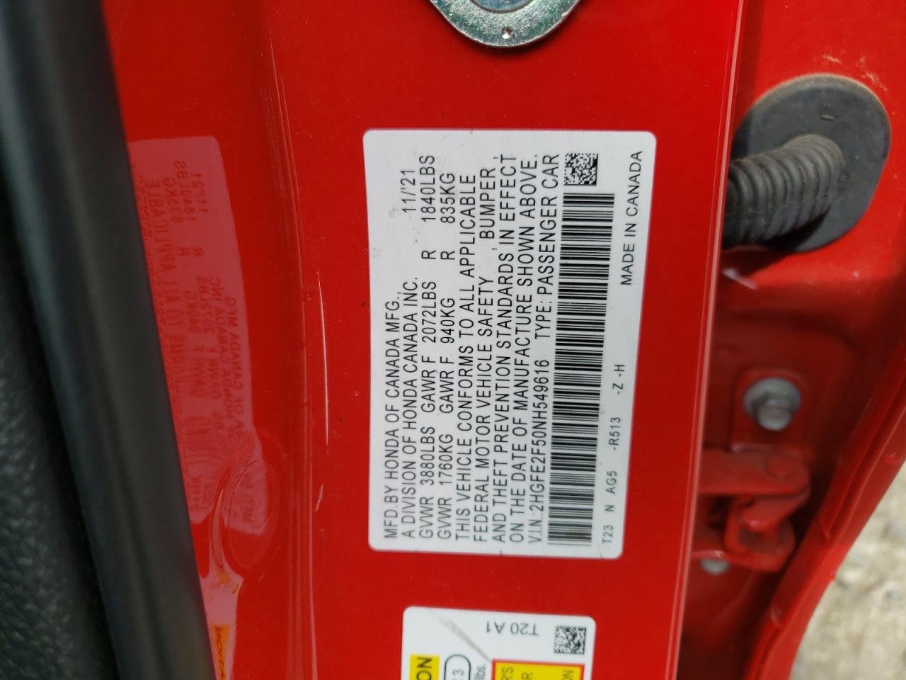 2022 HONDA CIVIC SPORT VIN:2HGFE2F50NH549616