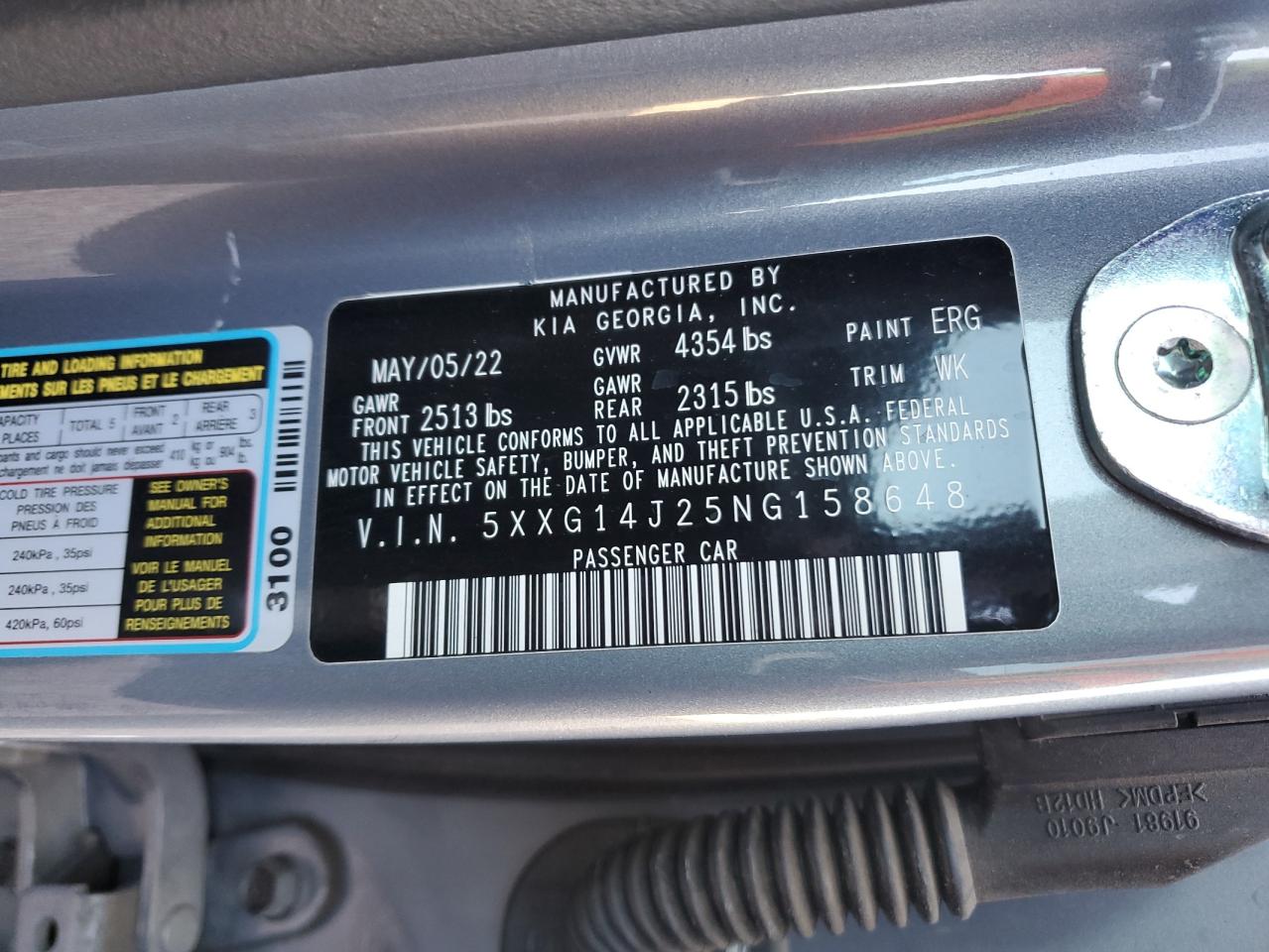 2022 KIA K5 LXS VIN:5XXG14J25NG158648