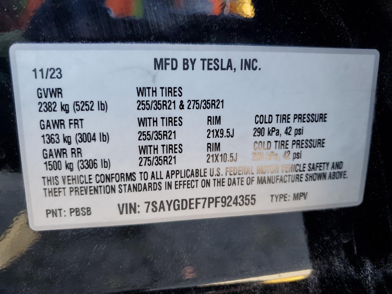 2023 TESLA MODEL Y  VIN:7SAYGDEF7PF924355