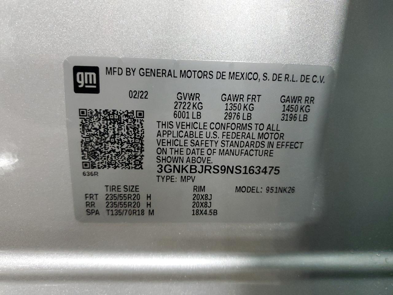 2022 CHEVROLET BLAZER 3LT VIN:3GNKBJRS9NS163475