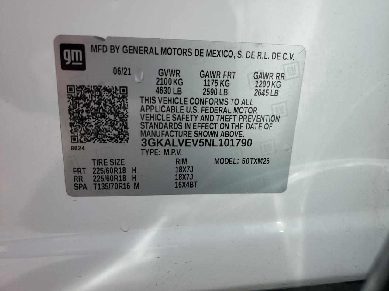 2022 GMC TERRAIN SLT VIN:3GKALVEV5NL101790