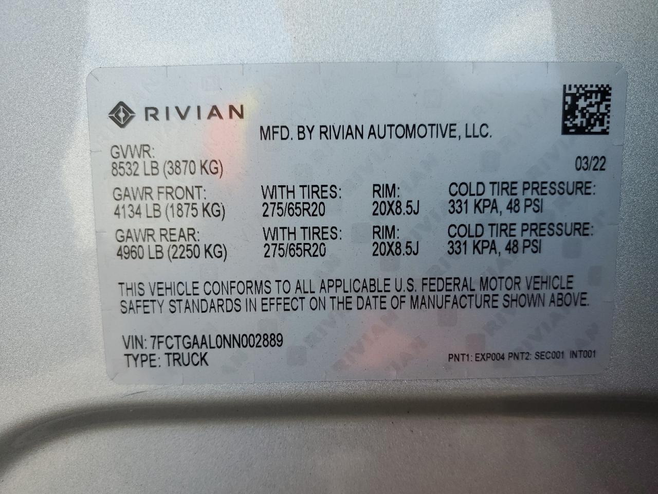 2022 RIVIAN R1T LAUNCH EDITION VIN:7FCTGAAL0NN2889