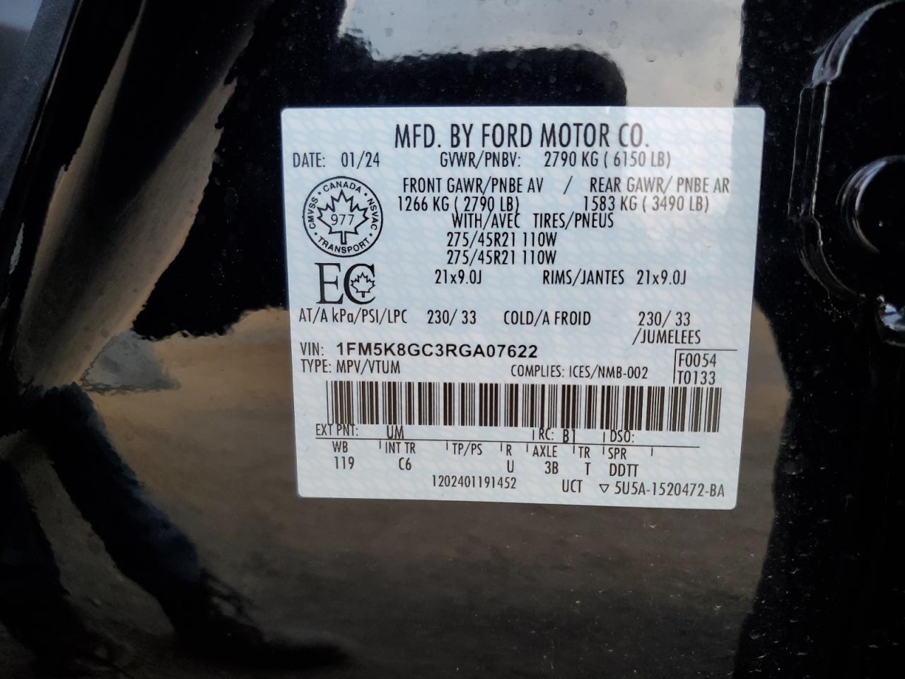 2024 FORD EXPLORER ST VIN:1FM5K8GC3RGA07622