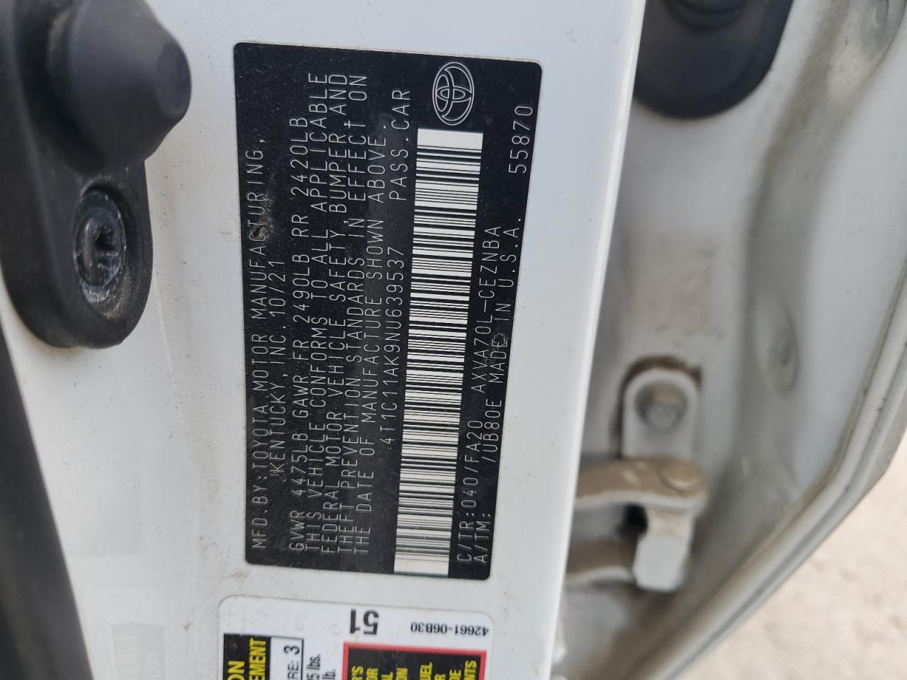 2022 TOYOTA CAMRY LE VIN:4T1C11AK9NU639537