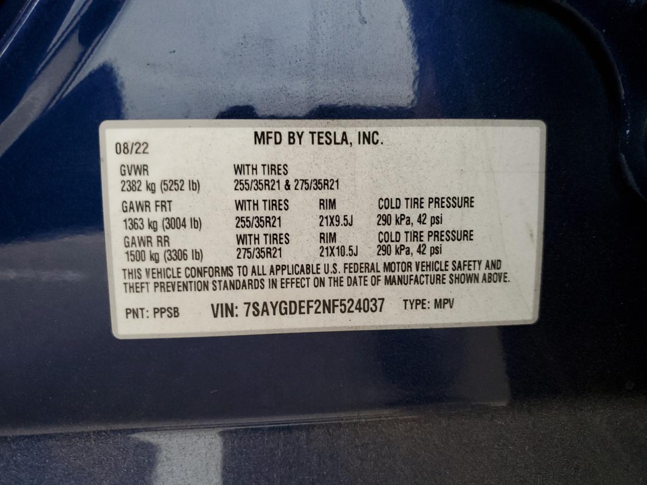 2022 TESLA MODEL Y  VIN:7SAYGDEF2NF524037