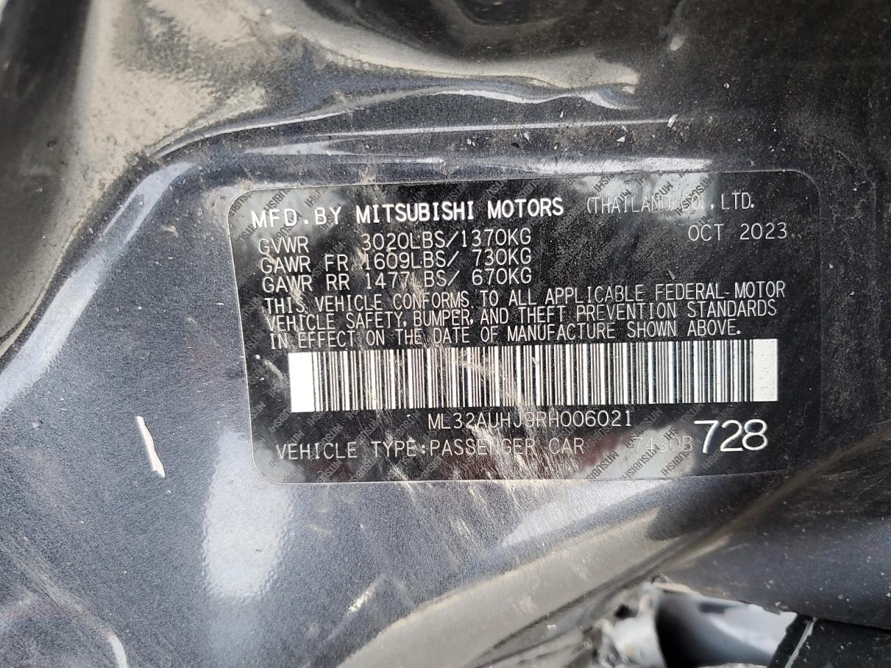2024 MITSUBISHI MIRAGE ES VIN:ML32AUHJ9RH006021