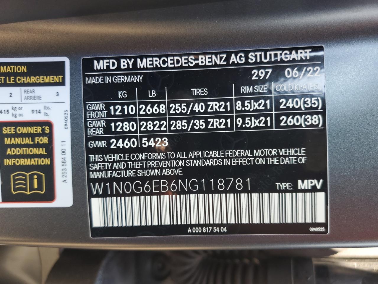 2022 MERCEDES-BENZ GLC 43 4MATIC AMG VIN:W1N0G6EB6NG118781