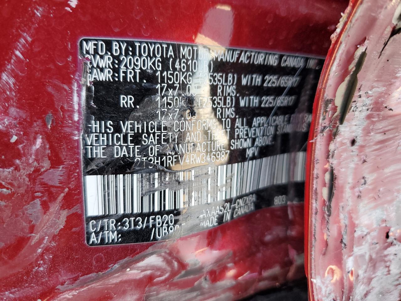 2024 TOYOTA RAV4 LE VIN:2T3H1RFV4RW346987